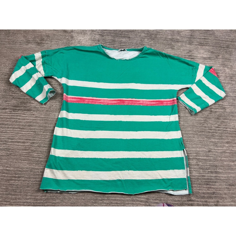 Crown & Ivy Sweatshirt Womens Medium Green Striped Long Sleeve Raw Hem Pullover
